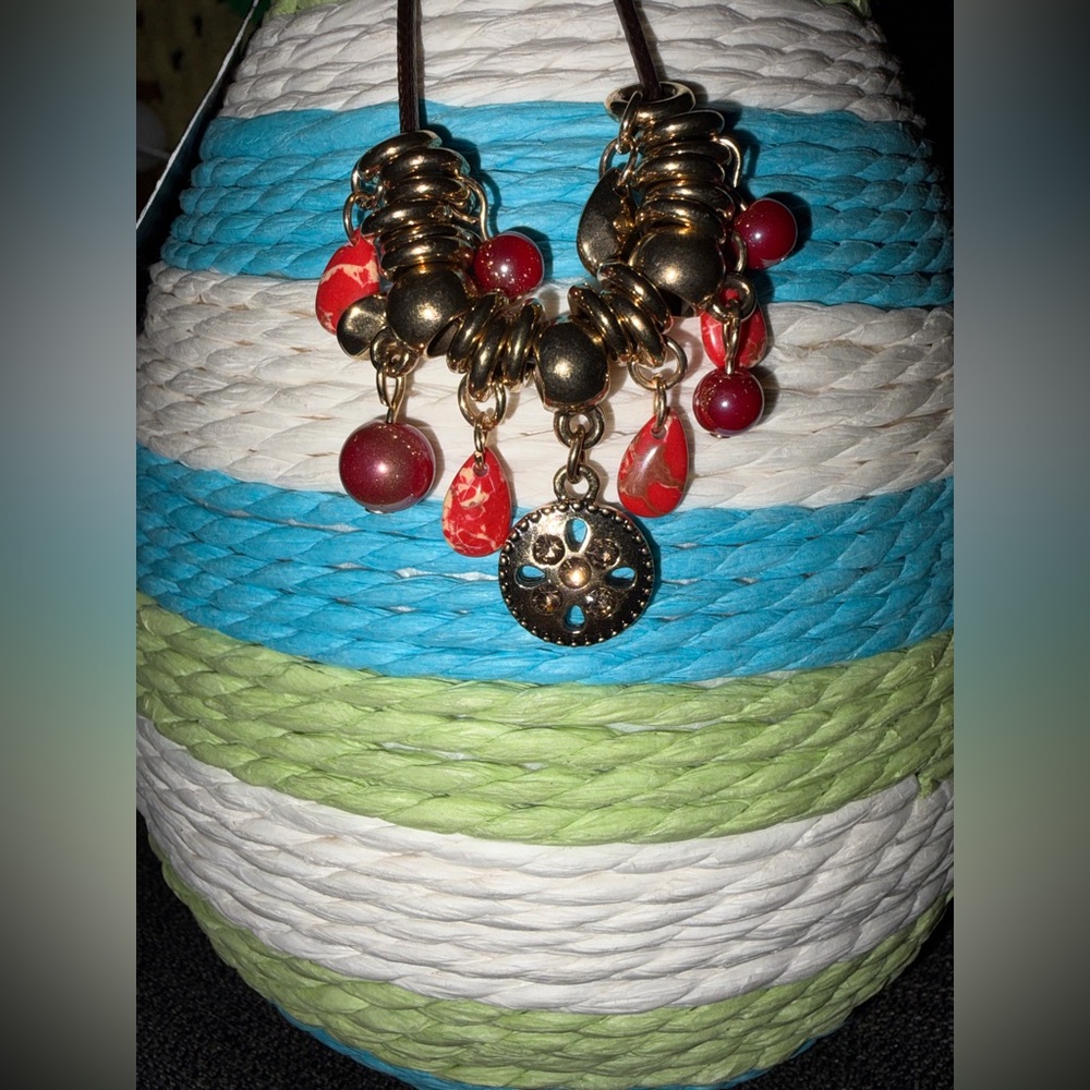 Gold and Red Beaded Charm Bracelet